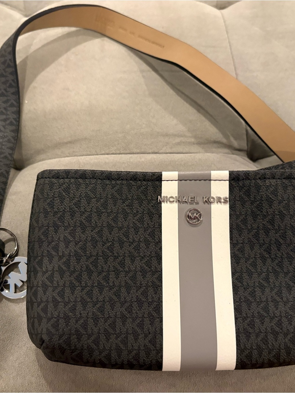Michael Kors Men's Black Logo Messenger Bag with White & Gray Stripes